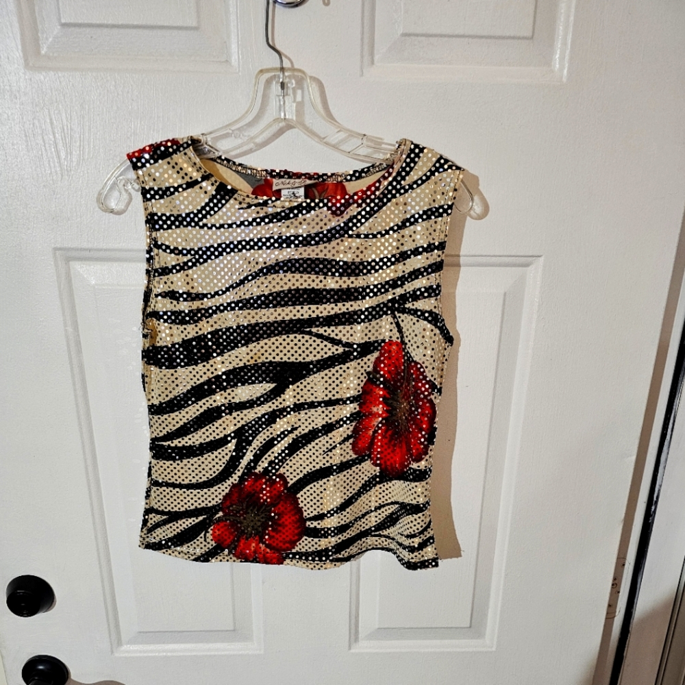Zebra Print Sleeveless Top with Red Floral Accents Like New